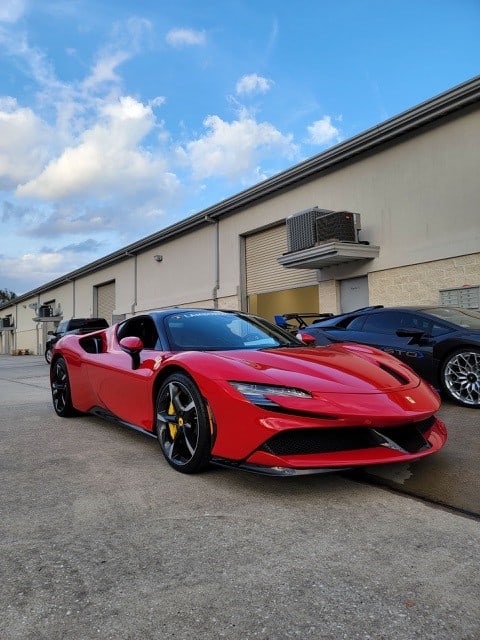 Red Ferrari SF90 Stradale full ultimate plus ppf wrap and prime xr plus window tint