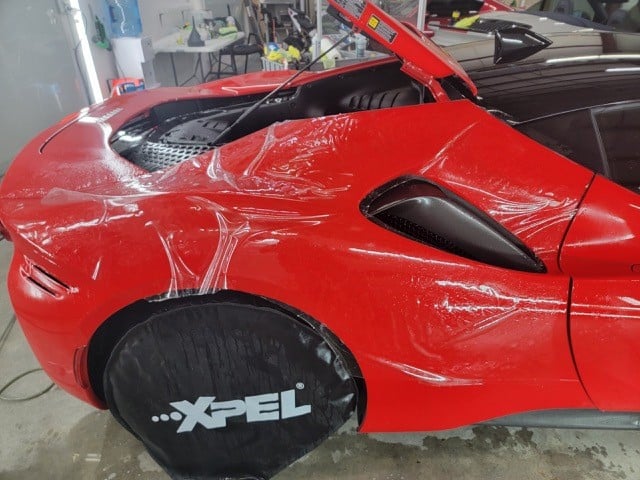 Red Ferrari SF90 Stradale full ultimate plus ppf wrap and prime xr plus window tint