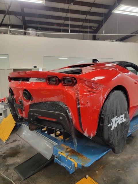 Red Ferrari SF90 Stradale full ultimate plus ppf wrap and prime xr plus window tint